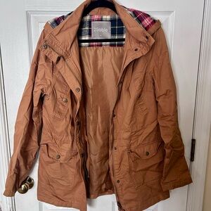 2Sable Women’s Camel Brown Utility Jacket with Plaid Hood, Medium